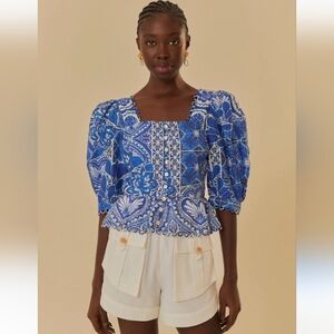 Farm Rio Dream Short Sleeve Blouse Blue Tile Floral